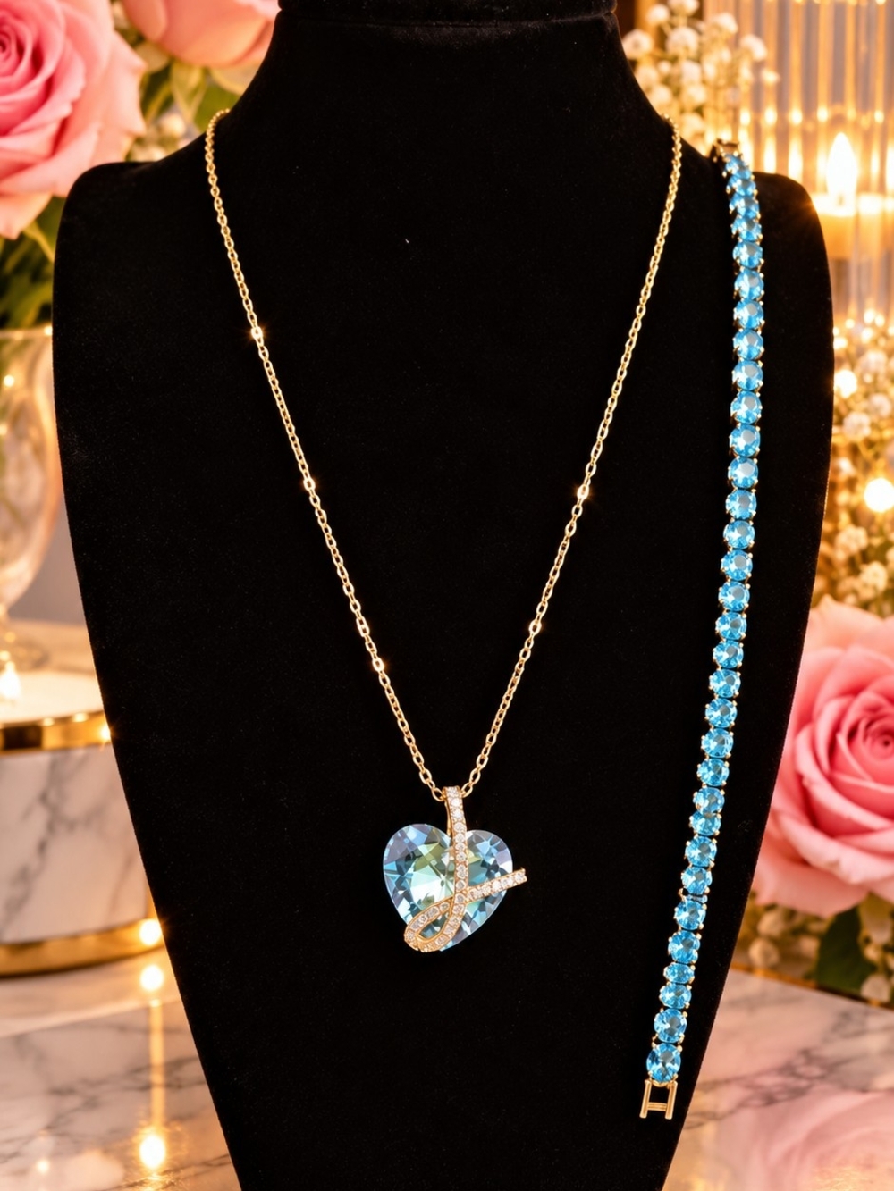 Gold Chain Necklace with Blue Heart Crystal Pendant *Stainless Steel)